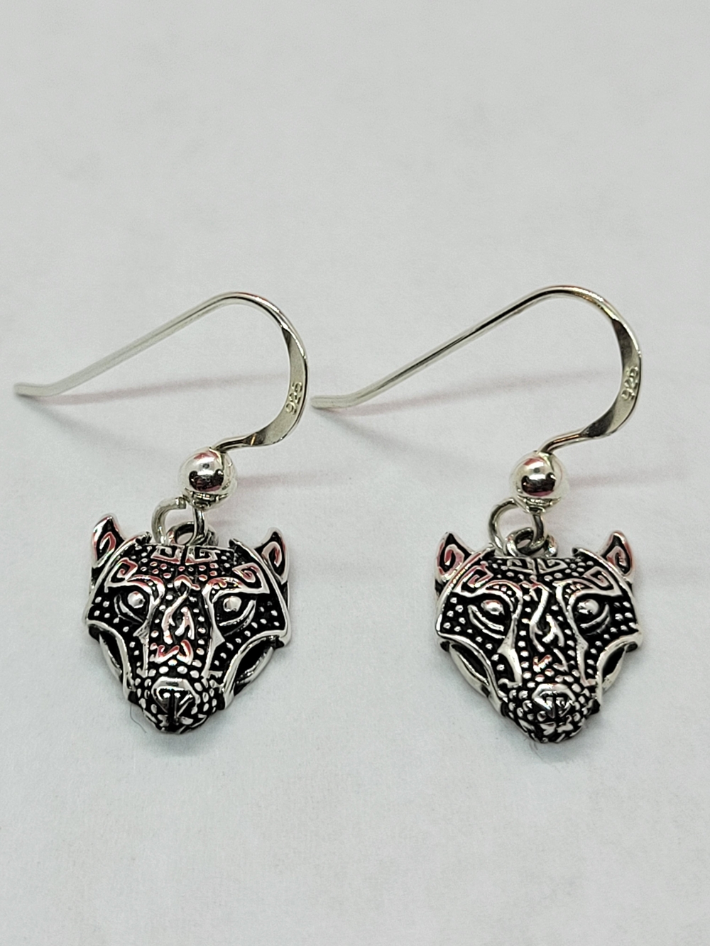 925 Sterling Silver Viking Wolf Earrings, Norse Wolf Head Dangle Earrings